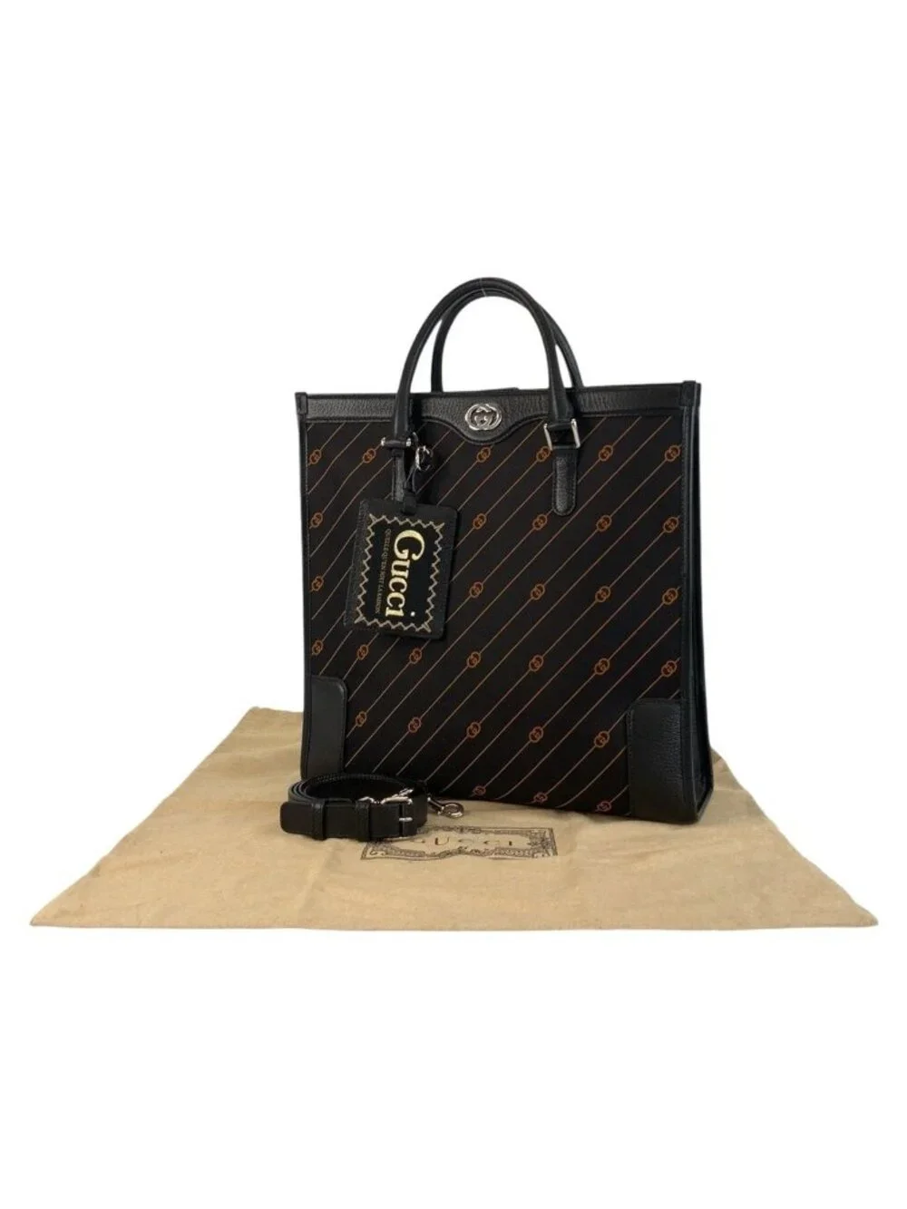 Gucci Interlocking Black Canvas Leather Business Tote Shoulder Bag 2-Way